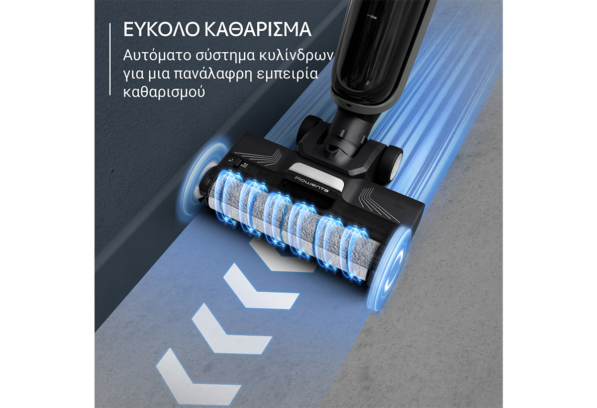 Απεικονίζεται η σκούπα με γραφικό που δείχνει τον τρόπο κίνησης των κυλίνδρων.